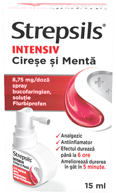 Strepsils Intensiv Cireșe și Mentă spray bucofaringian